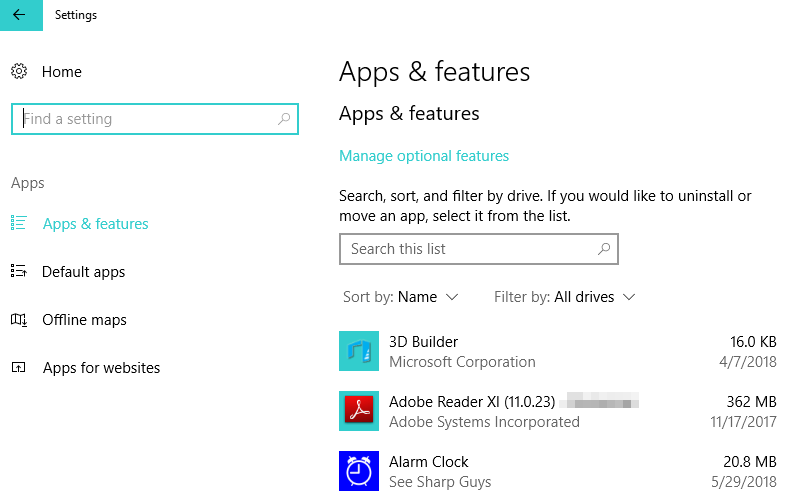 aplicații și caracteristici Windows 10