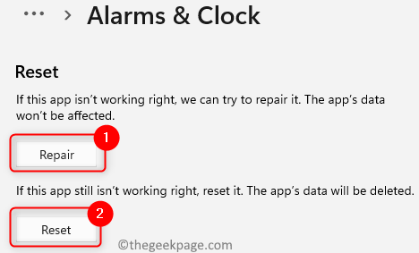 Reparieren Sie die Reset-Uhr-App Min
