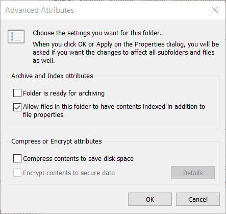 Okno zaawansowanych atrybutów Błąd 0x80071771 w systemie Windows 10