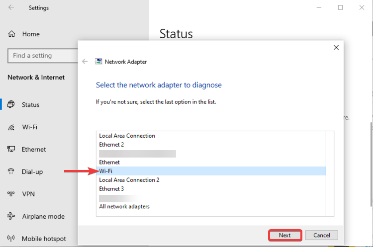 Windows 10 zeigt Netzwerkadapter für Diagnose auswählen an