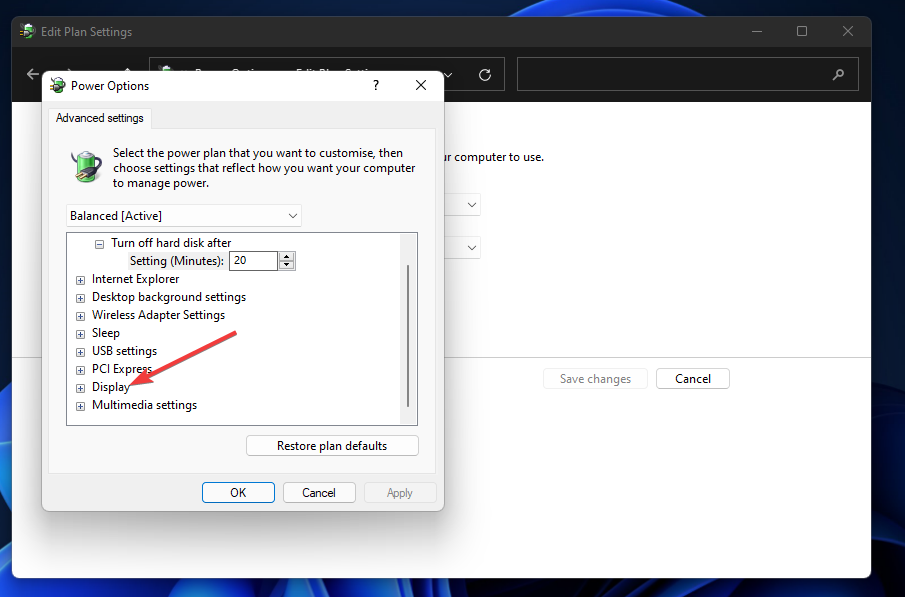 Barošanas opciju logs Windows 11 ekrāna aptumšošana