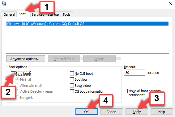 Msconfig Window Boot Tab Desmarcar Modo seguro Aplicar Ok