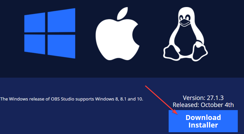डाउनलोड इंस्टालर बटन obs Studio windows 11