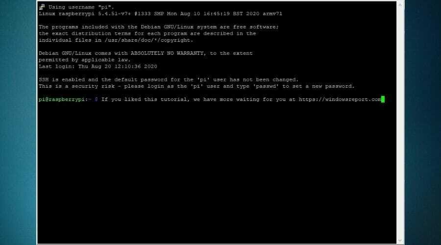 Hlavná obrazovka SSH Raspberry Pi