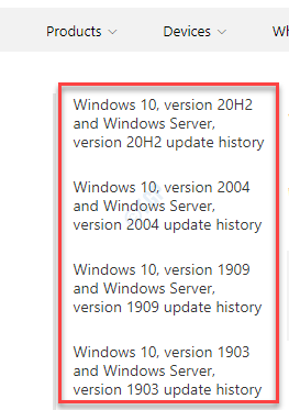 Historial de actualizaciones de Windows Busque en el lado izquierdo su versión de Windows 10
