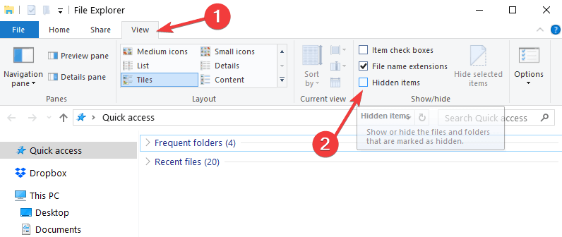 Vis skjulte genstande File Explorer Der opstod en fejl under adgang til Office Document Cache 