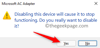 Confirmați dezactivarea dispozitivului Microsoft AC Adapter Min
