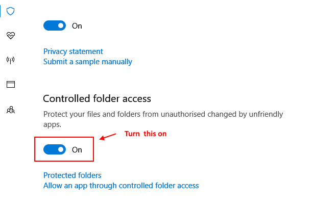 Lülitage sisse kontrollitud kaustale juurdepääs Windows 10