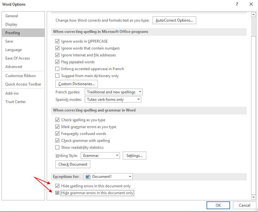 ორთოგრაფიული შეცდომების დამალვა Word 2016