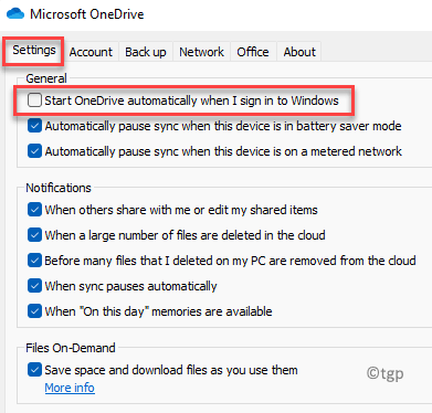 Microsoft Onedrive -indstillinger Start Onedrive automatisk, når jeg logger på Windows Fjern markeringen fra Ok Min