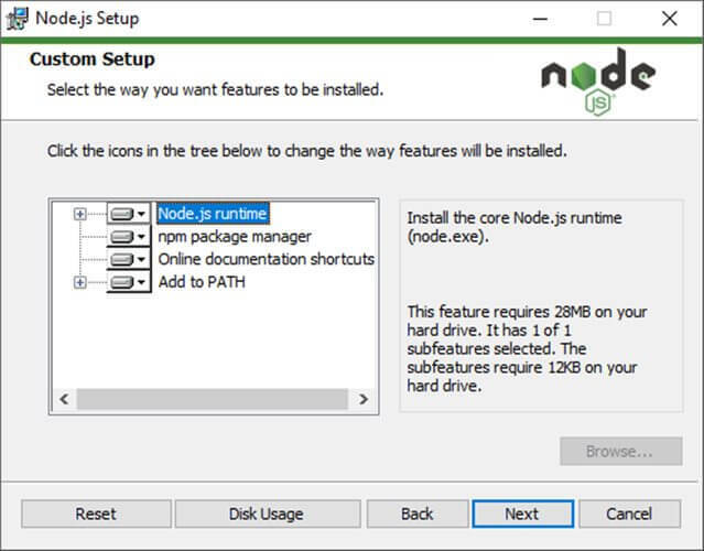 Personalización de la instalación Node.js