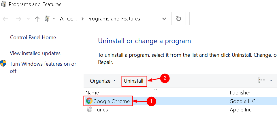 Odinštalujte Google Chrome Min