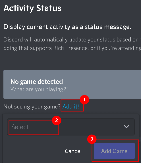 Status aktywności Discord Dodaj aktywność w grze Min