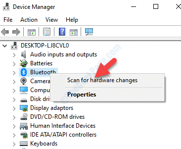 Upravitelj uređaja Bluetooth desnom tipkom miša kliknite Skeniraj za promjene hardvera