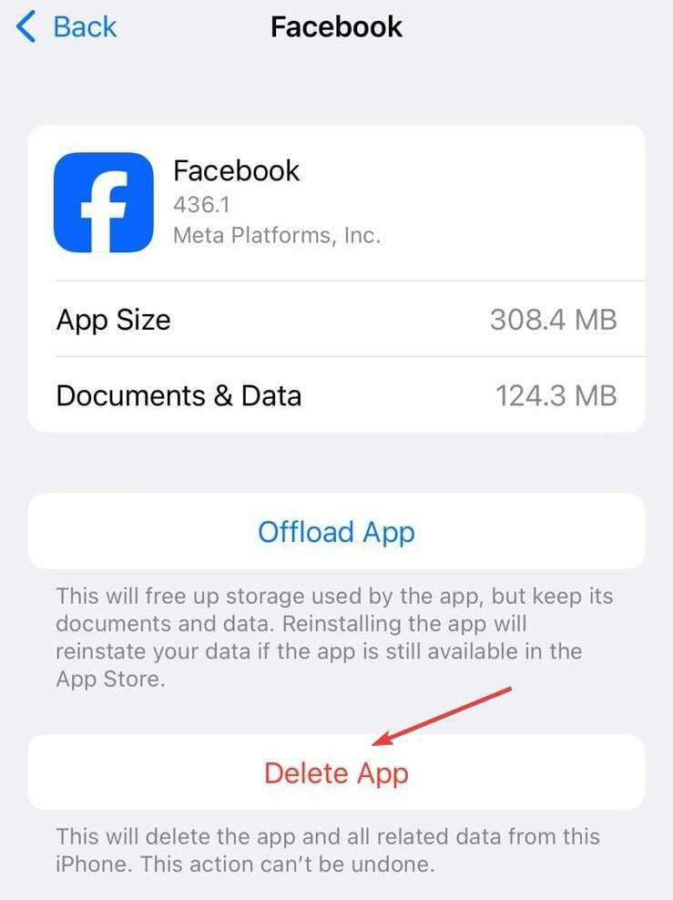 usuń aplikację, aby naprawić niewyświetlanie się randek na Facebooku