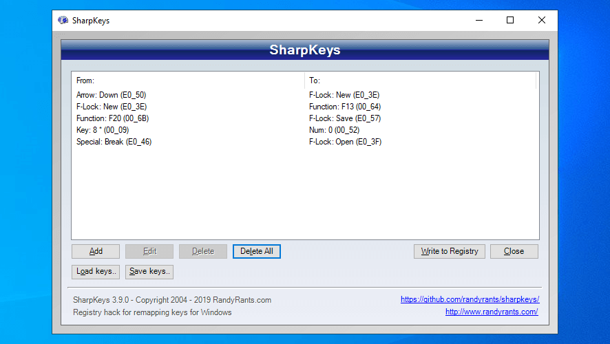 L'interface de SharpKeys