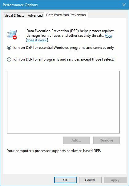 ligue o DEP para programas essenciais do Windows