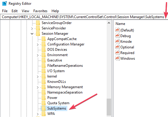 подсистемы редактора реестра Windows 10