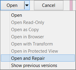 Реч опције Отвори и поправи је доживела грешку при покушају отварања датотеке