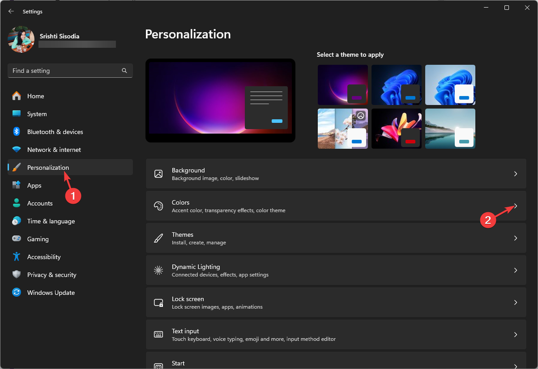 Pojdite na Personalization, nato izberite Colors - Can't Disable Background Blur on Windows 11