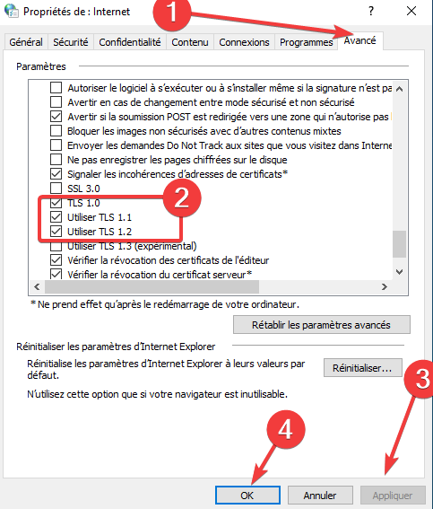 Seçenekler Internet_Avance_cocher TLS ve aplikatör