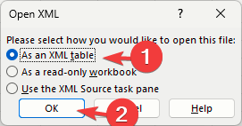 EXCEL_elect XML-taulukkona ja napsauta sitten OK.