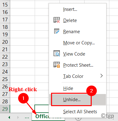 แผ่นงาน Excel คลิกขวา ยกเลิกการซ่อน Min