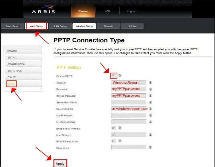 активиране на PPTP връзка на рутера Arris
