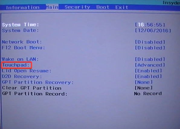 قائمة لوحة اللمس في BIOS