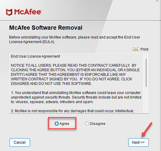 マカフィーソフトウェアの削除は次の分に同意します