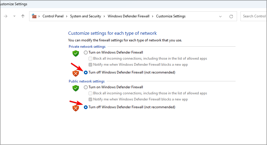 seleziona Disattiva Windows Defender Firewall