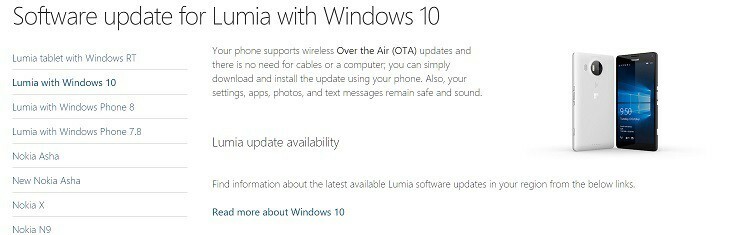 Atbalsta lapa “Lumia programmatūras atjaunināšana ar Windows 10” tiek nodrošināta