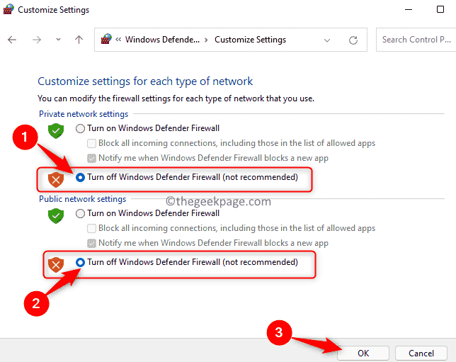 „Windows Defender“ užkarda Išjungti privačią viešąją min