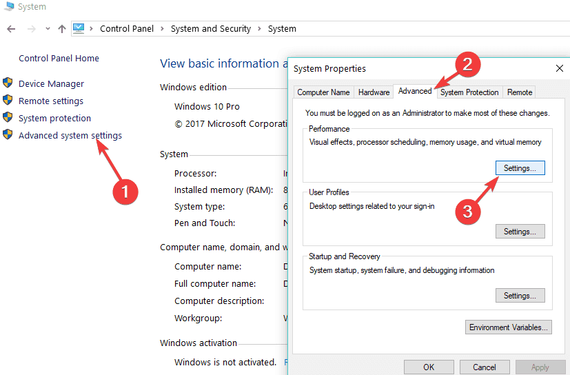 Windows 10 სისტემის თვისებების შესრულების პარამეტრები