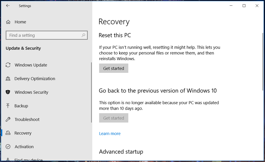 Alustamisnupp Windows 10 prindihaldus puudub