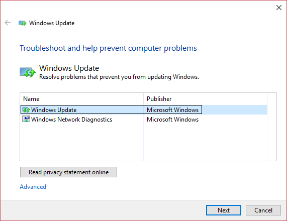 χρησιμοποιήστε το Windows Update Troubleshooter