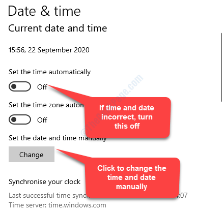 날짜 및 시간이 잘못된 경우 자동으로 설정 시간이 꺼지는 경우 날짜 및 시간을 수동으로 설정하십시오.