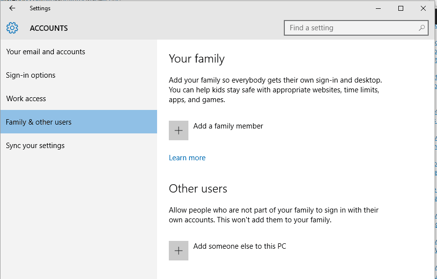 ოჯახის და სხვების პარამეტრები Windows 10