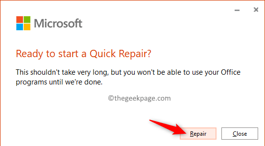 Conferma riparazione rapida Microsoft Office Min