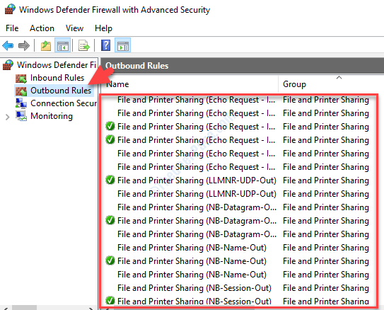 Windows Defender-Firewall mit erweiterten Sicherheitsregeln für ausgehende Dateien und Druckerfreigabegruppe Prüfen, ob etwas blockiert ist