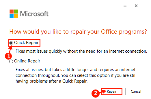 إصلاح تثبيت MS Office