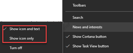 Notícias e interesses da barra de tarefas Mostrar ícone e texto Mostrar apenas o ícone