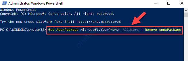 Windows Powershell (admin) käivitage käsk Yourphone.exe Enter desinstallimiseks