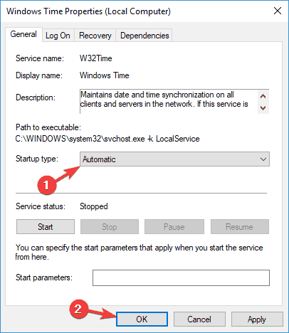 Windows Time -palvelu ei käynnisty virhe 1290