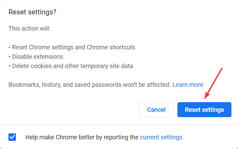 lähtestage seaded, et parandada rakenduse Chrome'i serveri viga