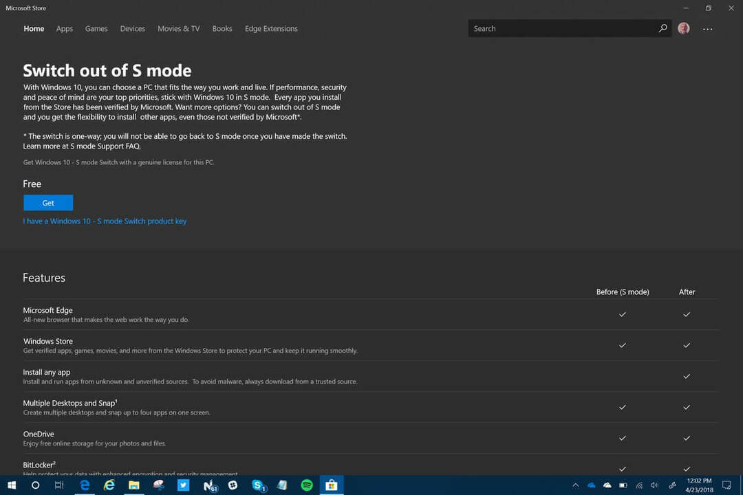 Windows 10 Redstone 5 може да добави опция Превключване в режим S