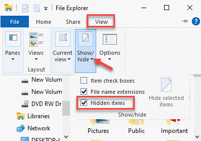 „File Explorer“ rodinys Rodyti arba slėpti paslėptų elementų patikrinimą