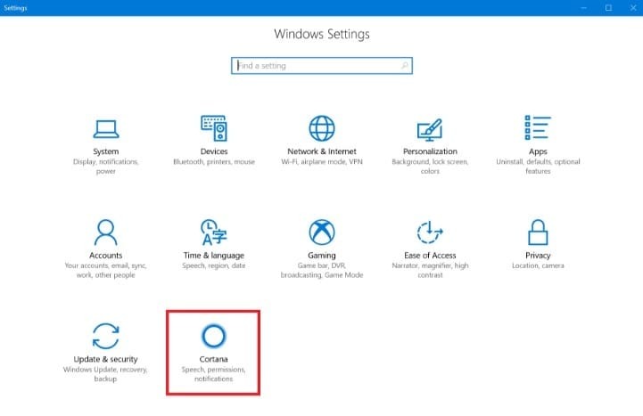 Windows 10 Redstone 3 na strani z nastavitvami vključuje nastavitve Cortane