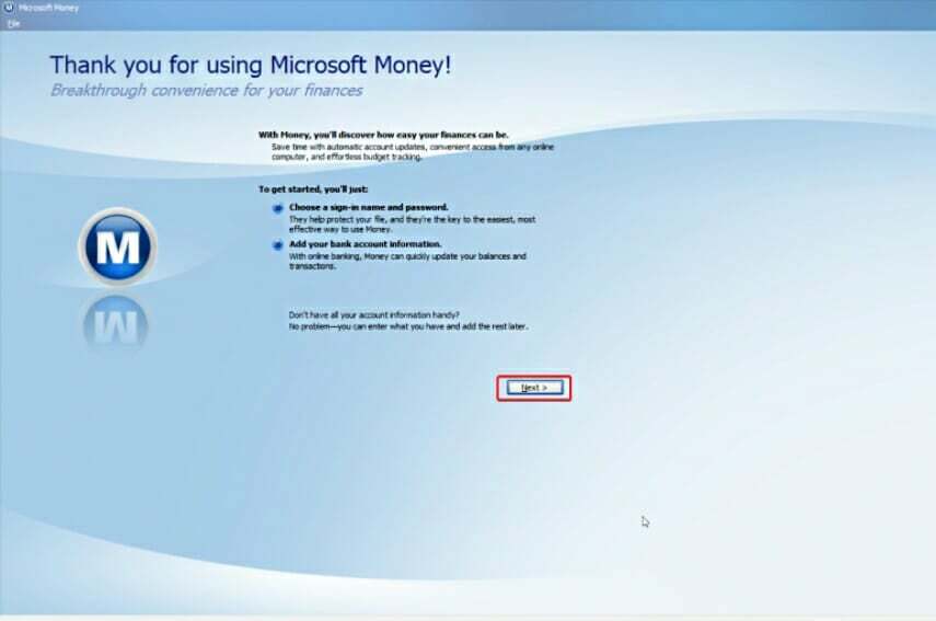  Microsoft Money ნაბიჯი 2 გაშვება