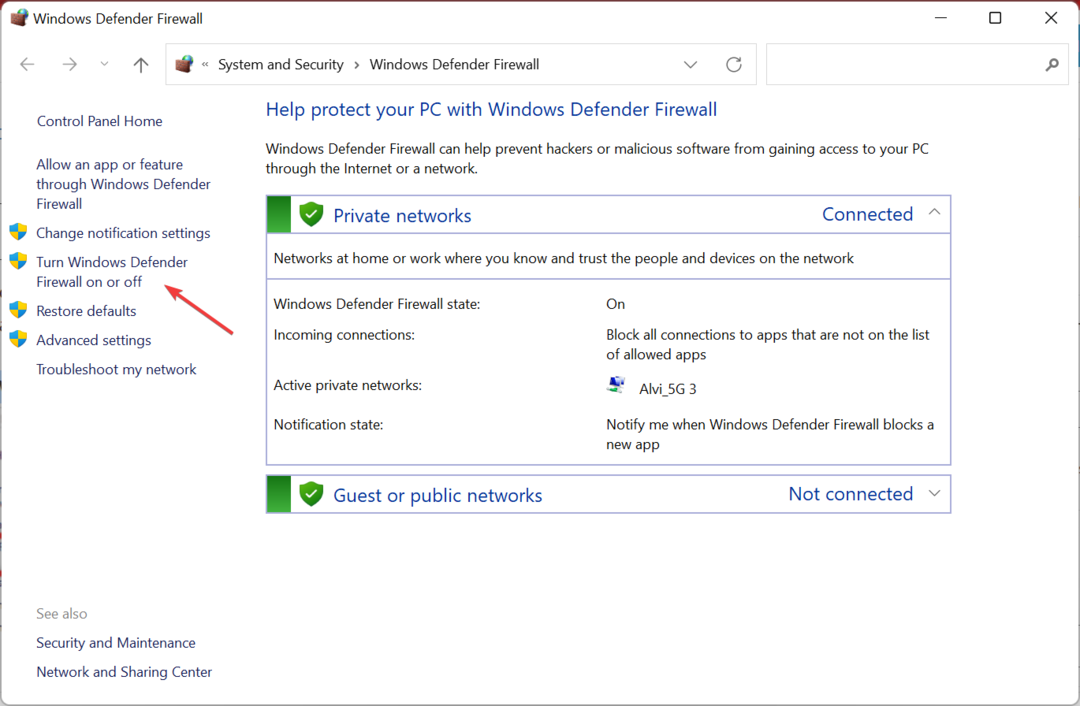 активна или дезактивна защитна стена на Windows Defender за коригиране на приложението без стартиране на корекция 0xc00005